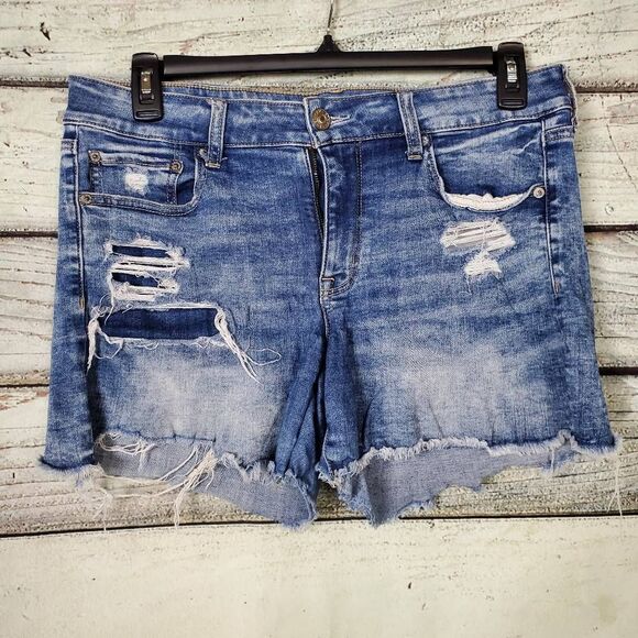 American Eagle Midi Jean Shorts Women’s Size 14 Distressed Next Level Stretch - Picture 1 of 8